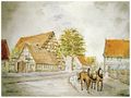 Bauernhof und Muggenhöferhaus in Stadeln, Pferdegespann auf den Weg in die heutige <!--LINK'" 0:47-->, 1938; Gemälde von Rudolf Hofmann