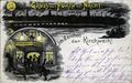Gruß von der <!--LINK'" 0:195-->, Eingang zum Geismannsaal bei Nacht, historische Ansichtskarte mit schwarzer Katze, um 1905