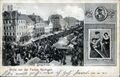 Gruß von der <!--LINK'" 0:122-->, historische Ansichtskarte mit Ansicht der Königstraße und Hafenspielerinnen und dem Volkssänger Hans Bayer, um 1920