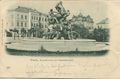 Ansichtskarte von Bahnhofplatz mit Kunstbrunnen - im Hintergrund die ehem. Sahlmannvilla und die Villa des Isaak Stamm, gel. 1908