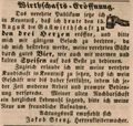 Zeitungsanzeige von Jakob Stenz zur Eröffnung seiner Wirtschaft <a class="mw-selflink selflink">zu den drei Herzen</a>, August 1846
