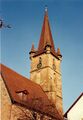Die <a class="mw-selflink selflink">Kirche St. Johannis</a> in Burgfarrnbach im Febr. 1984