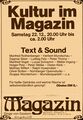 Kulturveranstaltung Werbeanzeige "Kultur im Magazin" mit Text und Sound bis 2 Nachts Gebäude <!--LINK'" 0:55-->/Foerstermühle am 22.12.1979