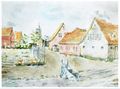 Blick in den Kirchenweg, heute <!--LINK'" 0:51-->, in Stadeln, 1935; im Hintergrund die Christuskapelle; Gemälde von Rudolf Hofmann