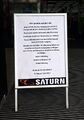 Hinweis auf den letzten Verkaufstag des ehem. Elektromarktes Saturn in Fürth, Sept. 2021