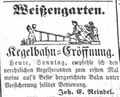Werbeannonce für die Kegelbahn im , Joh. Ernst Reindel, April 1855