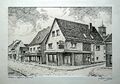 Die Bäckerei Schmidt in Stadeln, links Textil-Müller <!--LINK'" 0:49--> 1981; Gemälde von Rudolf Hofmann