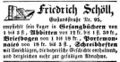 Anzeige Schöll, Gustavstraße, Fürther Tagblatt 8. März 1853