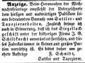Zeitungsanzeige von F. Schmidt, der die Siegellackfirma J. G. Schildknecht weiterführt, Dezember 1851
