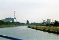 2001: Blick vom <a class="mw-selflink selflink">Main-Donau-Kanal</a> Richtung der 2018 abgerissenen , der  und dem . Im Hintergrund die Kräne vom  und dem .