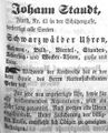 Zeitungsanzeige des Uhrmachers Johann Staudt, Oktober 1854