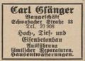 Werbung im Fürther Adressbuch von 1931 der Firma Carl Gsänger