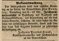 Zeitungsanzeige des Schreiners <a class="mw-selflink selflink">Johann Paul Haas</a>, November 1850