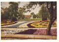 Gartenschau 1951, Blick vom Empfangsgarten über die Wasserspiele mit Ausstellungskaffee. Historische Postkarte