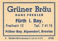 Zündholzschachtel-Etikett der ehemaligen Gaststätte Grüner Bräu, um 1965