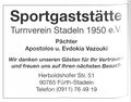Werbung der Sportgaststätte "Turnverein Stadeln 1950" jetzt fusioniert <a class="mw-selflink selflink">MTV Stadeln e. V.</a> von 1996
