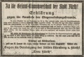 Anzeige des Vereins Treu Fürth bzgl. des Volksentscheids zur geplanten Eingemeindung von Fürth nach Nürnberg am 21. Januar 1922
