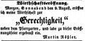 Werbeannonce zur Eröffnung der Gaststätte "Gerechtigkeit", August 1851
