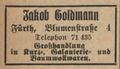 Werbung im Fürther Adressbuch von 1931 von <!--LINK'" 0:17--> in der <a class="mw-selflink selflink">Blumenstraße 4</a>.