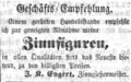 Zeitungsanzeige des Zinngießermeisters <a class="mw-selflink selflink">Johann Kaspar Engert</a>, Januar 1856