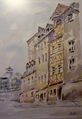Gebäude vrnl , Fachwerkhaus , , , im Hintergrund die  1998; Gemälde vom Burgfarrnbacher Maler Erwin Kaltenbacher
