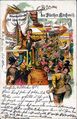 Gruß von der <!--LINK'" 0:207-->, historische Ansichtskarte mit gezeichneten Schaustellern, um 1901