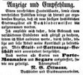 Zeitungsannonce des Etuisfabrikanten und Buchbinders <a class="mw-selflink selflink">Nikolaus Gottfried Ottmann</a>, März 1853