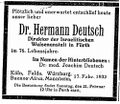 Todesanzeige in "Der Israelit" vom 18.2.1932