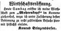 Zeitungsanzeige des Wirts <!--LINK'" 0:12--> anlässlich der Eröffnung seiner Wirtschaft zum <!--LINK'" 0:13--> im <!--LINK'" 0:14-->, August 1855