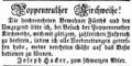 Werbeannonce zur Poppenreuther Kirchweih, September 1853