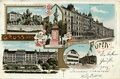 Ansichtskarte der Stadt Fürth mit der Hornschuchpromenade, Centaurenbrunnen und der Alten Veste, gel. 1901