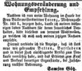 Zeitungsanzeige bzgl. eines Umzugs in die damalige <!--LINK'" 0:10-->, September 1852