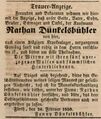 Todesanzeige Nathan Dünkelsbühler, Fürther Tagblatt 27. Februar 1850