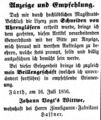 Zeitungsannonce der Witwe Vogt, Juli 1856