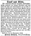 Zeitungsanzeige des Witwe des Vergolders <a class="mw-selflink selflink">Joseph Schmitz</a>, September 1853