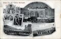 Gruß von der <!--LINK'" 0:105-->, historische Ansichtskarte mit Foto von der Aussteuerungs-Anstalt - Heiratskasse sowie Harfenspielerinnen und vom Heringsdorf, um 1930