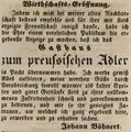 Eröffnungsanzeige von Johann Böhnert, neuer Pächter der Gaststätte <a class="mw-selflink selflink">zum preußischen Adler</a>, Juli 1844