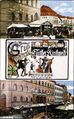 Gruß von der <!--LINK'" 0:106-->, historische Ansichtskarte mit Fotos von der Aussteuerungs-Anstalt - Heiratskasse, mit im Bild Hafenspielerinnen und schwarze Katze, um 1930