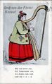 Gruß von der <!--LINK'" 0:24-->, historische Ansichtskarte gezeichnet vom Fürther Maler Jean Lederer mit einer Harfe spielenden Frau, um 1909