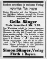 Inserat Simon Sänger, Nürnberg-Fürther Isr. Gemeindeblatt 1. Juni 1927