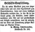 Zeitungsanzeige des Schlossermeisters L. Stenz, "Moststrasse Nr. 290" (heute vermutlich Moststraße 6), Oktober 1855