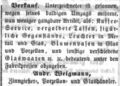 Zeitungsannonce des Zinngießers und Porzellan- und Glashändlers <a class="mw-selflink selflink">Johann Andreas Weigmann</a>, Juli 1860