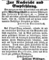 Zeitungsannonce der Wirte Friedrich Breitenbach und Johann Eichinger, April 1853