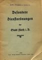 Titelseite: Besondere Dienstordnungen der Stadt Fürth iB (Broschüre), 1939