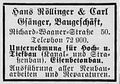 Geschäftsanzeige des Bauunternehmens Röllinger & Gsänger, 1926