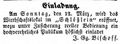 Zeitungsanzeige zur Eröffnung des Lokals <!--LINK'" 0:27-->, März 1854