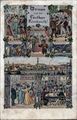 Gruß von der <!--LINK'" 0:159-->, historische Ansichtskarte gezeichnet mit Affe und Kater sowie Geismann-Saal und Harfenspielerinnen, um 1905