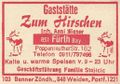 Zündholzschachtel-Etikett der ehemaligen Gaststätte "Zum Hirschen (Poppenreuth", um 1965