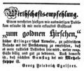 Anzeige über den Erwerb des Gasthauses "Zum Goldnen Hirschen" durch Georg Friedrich Egelseer, 1851
