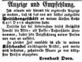 Zeitungsinserat des Käsehändlers und Peitschenfabrikanten Leonhard Dorn, März 1853
